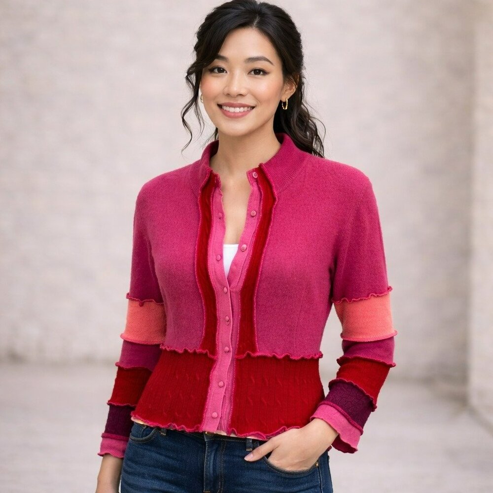 Elle Veve Recycled Wool Blend Button Up Cardigan Womens Red Orange Mauve Ruffle - Picture 6 of 9